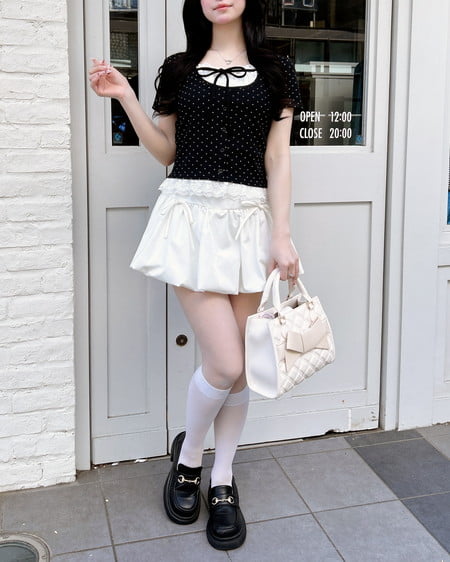 INGNI(イング) レースレイヤード風リボン付き半袖リブトップス クロオフ/ドット