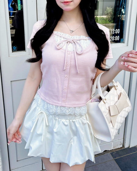 INGNI(イング) レースレイヤード風リボン付き半袖リブトップス ライトピンク