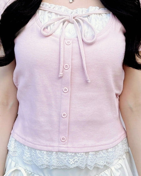 INGNI(イング) レースレイヤード風リボン付き半袖リブトップス ライトピンク