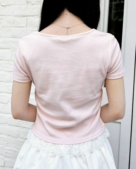 INGNI(イング) レースレイヤード風リボン付き半袖リブトップス ライトピンク