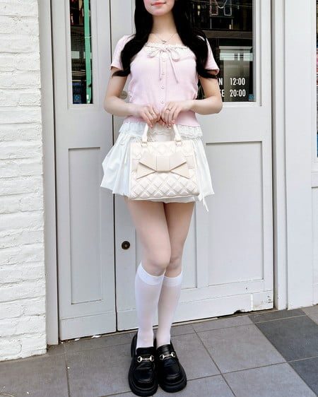 INGNI(イング) レースレイヤード風リボン付き半袖リブトップス ライトピンク