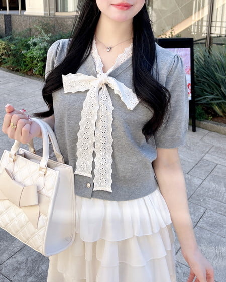 INGNI(イング) レースボウタイ半袖ニット グレー