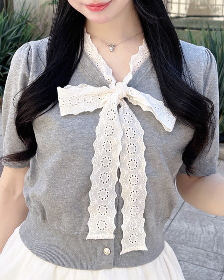 INGNI(イング) レースボウタイ半袖ニット グレー