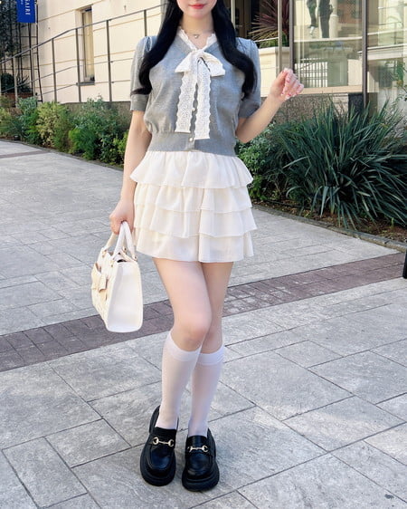 INGNI(イング) レースボウタイ半袖ニット グレー