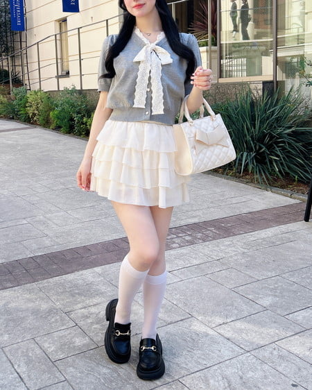 INGNI(イング) レースボウタイ半袖ニット グレー