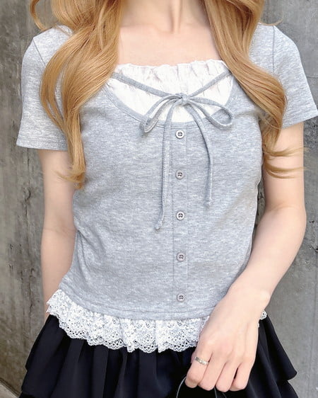 INGNI(イング) レースレイヤード風リボン付き半袖リブトップス グレー
