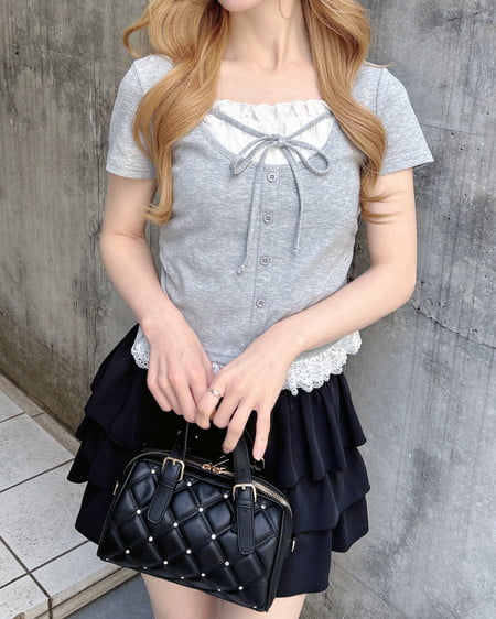 INGNI(イング) レースレイヤード風リボン付き半袖リブトップス グレー