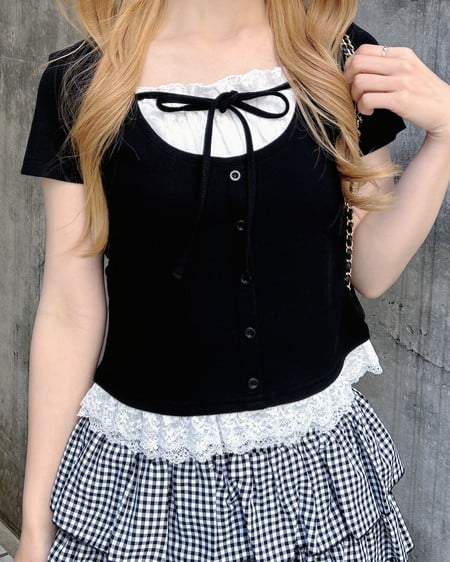 INGNI(イング) レースレイヤード風リボン付き半袖リブトップス クロ