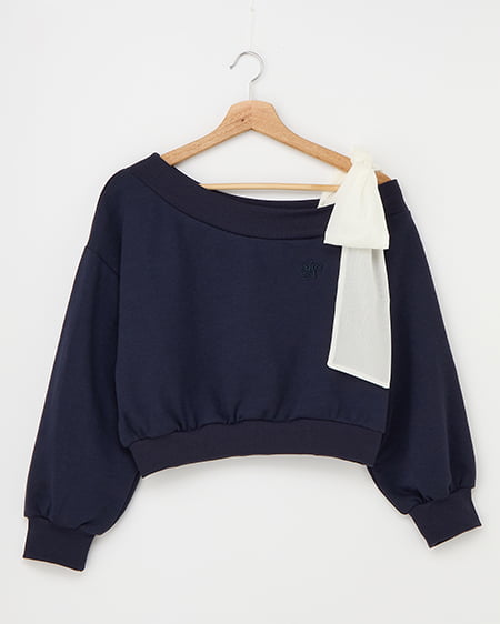 【4/8 2時までの限定価格】スウェット肩リボン胸ロゴワンショルトップス