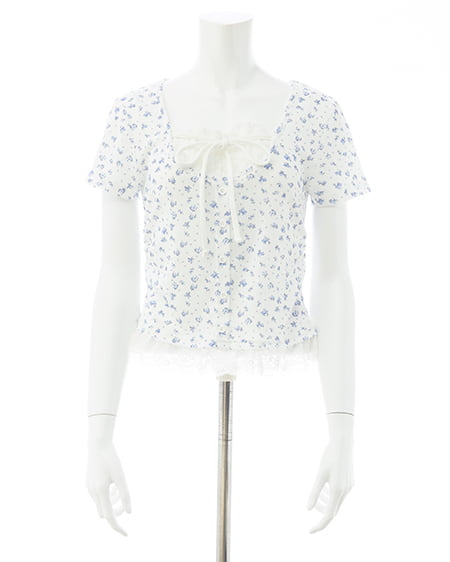 INGNI(イング) レースレイヤード風リボン付き半袖リブトップス オフホワイト/ハナ