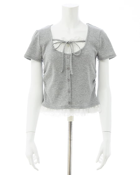 INGNI(イング) レースレイヤード風リボン付き半袖リブトップス グレー