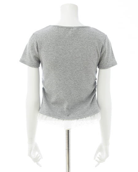 INGNI(イング) レースレイヤード風リボン付き半袖リブトップス グレー