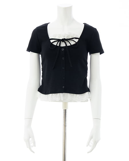 INGNI(イング) レースレイヤード風リボン付き半袖リブトップス クロ