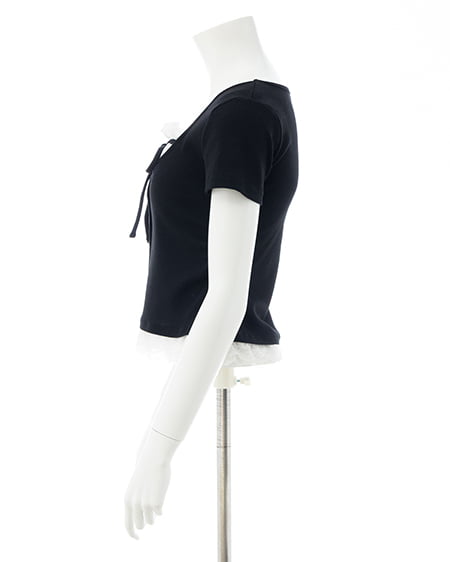 INGNI(イング) レースレイヤード風リボン付き半袖リブトップス クロ