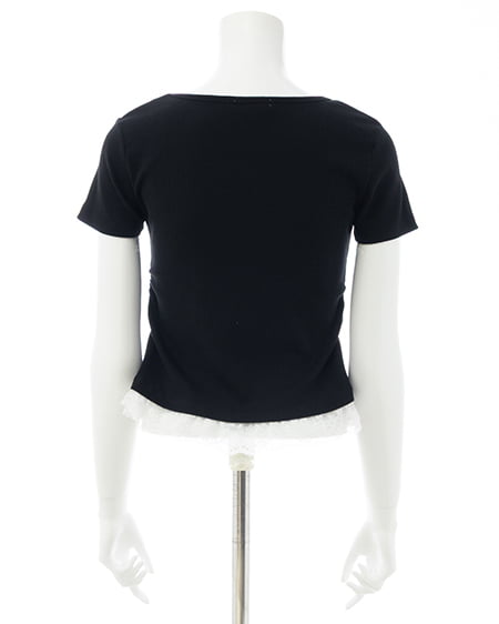 INGNI(イング) レースレイヤード風リボン付き半袖リブトップス クロ