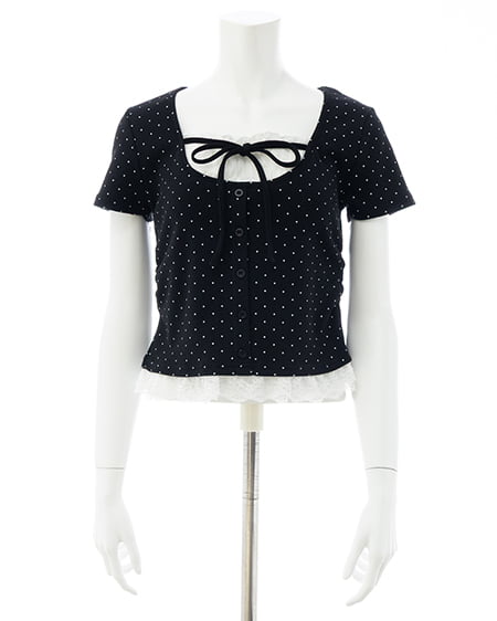 INGNI(イング) レースレイヤード風リボン付き半袖リブトップス クロオフ/ドット