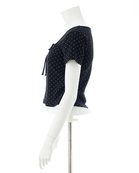 INGNI(イング) レースレイヤード風リボン付き半袖リブトップス クロオフ/ドット