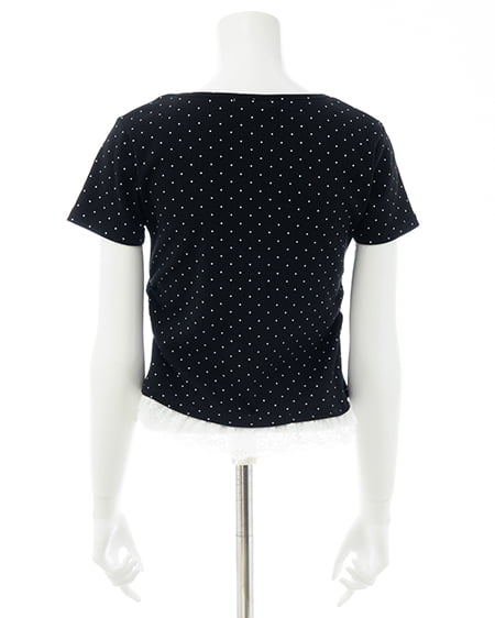 INGNI(イング) レースレイヤード風リボン付き半袖リブトップス クロオフ/ドット