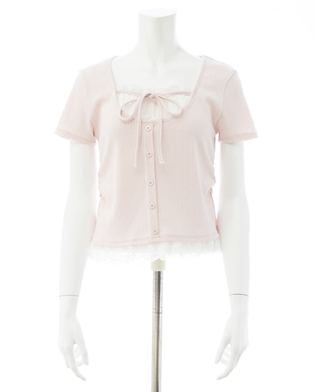 INGNI(イング) レースレイヤード風リボン付き半袖リブトップス ライトピンク