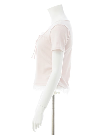 INGNI(イング) レースレイヤード風リボン付き半袖リブトップス ライトピンク