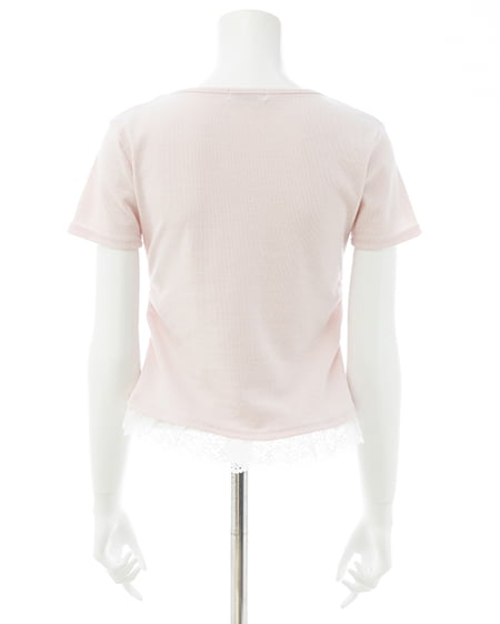 INGNI(イング) レースレイヤード風リボン付き半袖リブトップス ライトピンク