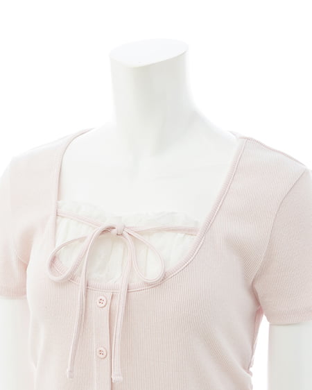INGNI(イング) レースレイヤード風リボン付き半袖リブトップス ライトピンク