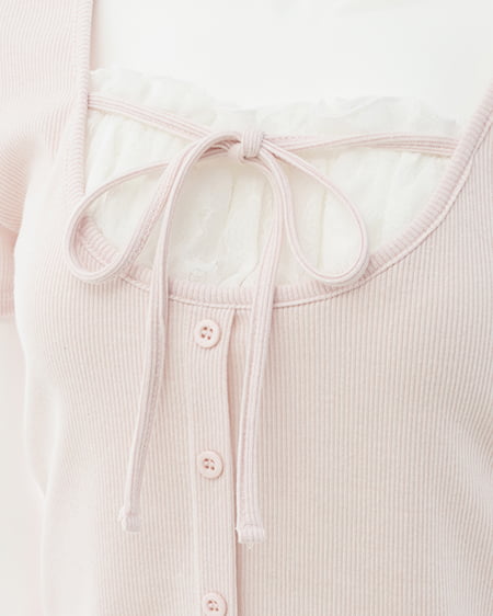 INGNI(イング) レースレイヤード風リボン付き半袖リブトップス ライトピンク