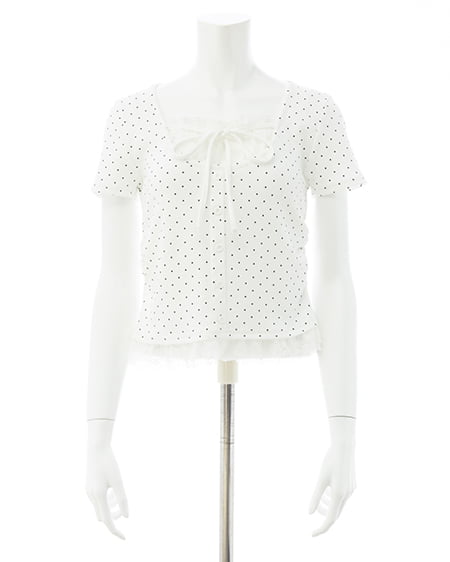 INGNI(イング) レースレイヤード風リボン付き半袖リブトップス オフクロ/ドット