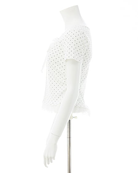 INGNI(イング) レースレイヤード風リボン付き半袖リブトップス オフクロ/ドット