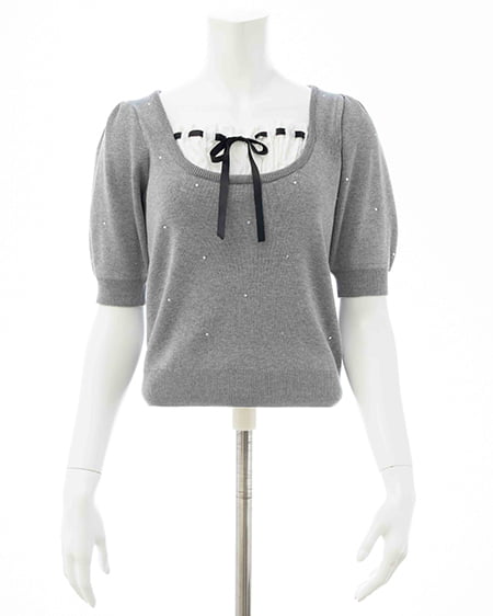 INGNI(イング) ビジュー飛ばしレイヤード風ニット グレー/オフホワイト