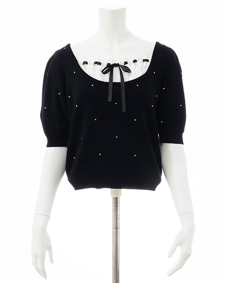 INGNI(イング) ビジュー飛ばしレイヤード風ニット クロ/オフホワイト