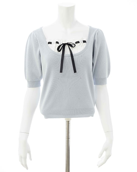 INGNI(イング) ビジュー飛ばしレイヤード風ニット サックス/オフホワイト