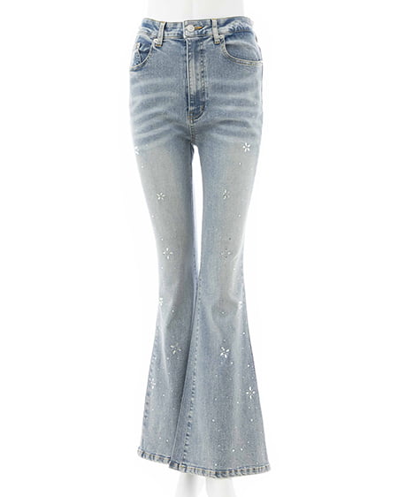 【WEB限定】ビジュー付フレアデニムパンツ