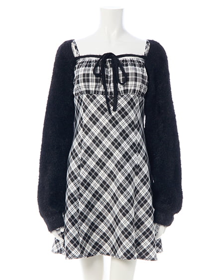 【WEB限定】フェザーボレロニット+チェック柄ミニキャミワンピースセット(OUTLET)