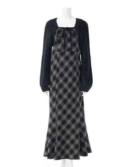 INGNI(イング) シャギーニットボレロ+マーメイドワンピースセット クロ/クロチェック