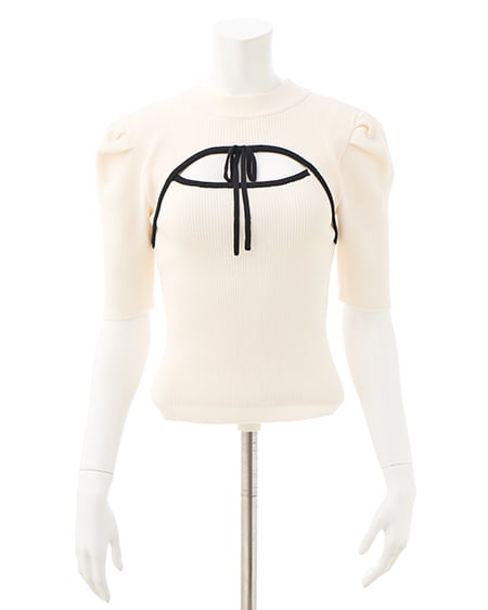 INGNI(イング) デコルテオープン5分袖ニット オフホワイト/クロ