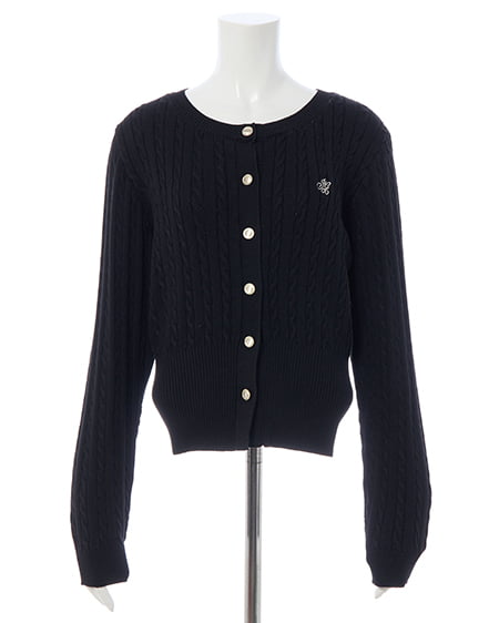 INGNI(イング) 胸刺繍金ボタンケーブルニットカーディガン クロ