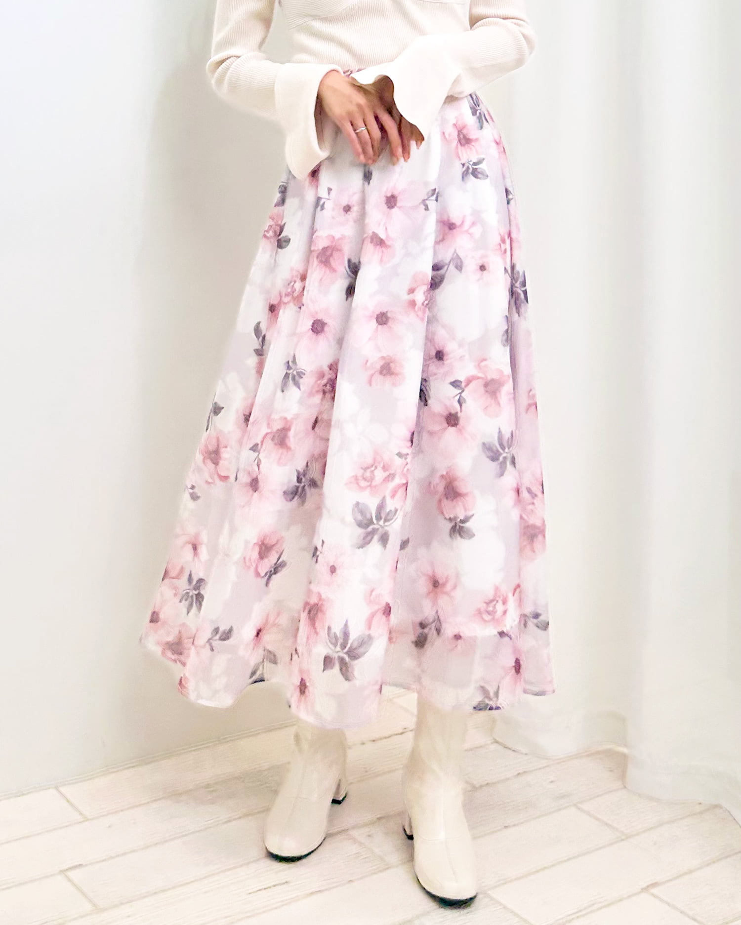 新品花柄オーガンジースカート - ひざ丈スカート