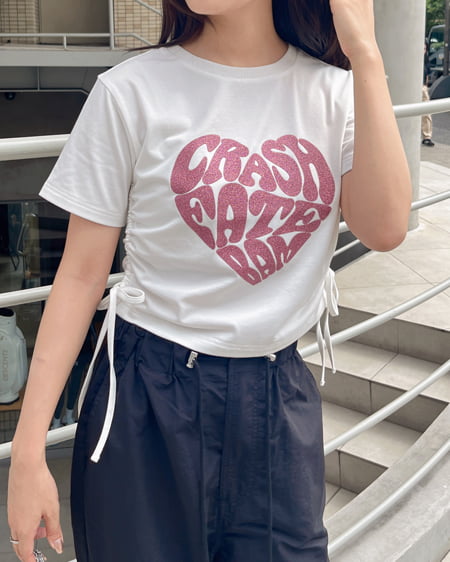 グリッターハートサイドギャザーTシャツ