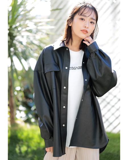 フェイクレザーシャツジャケット＋刺繍ロゴロングTシャツ／SET｜INGNI