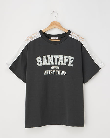 袖レースドッキングカレッジロゴTシャツ